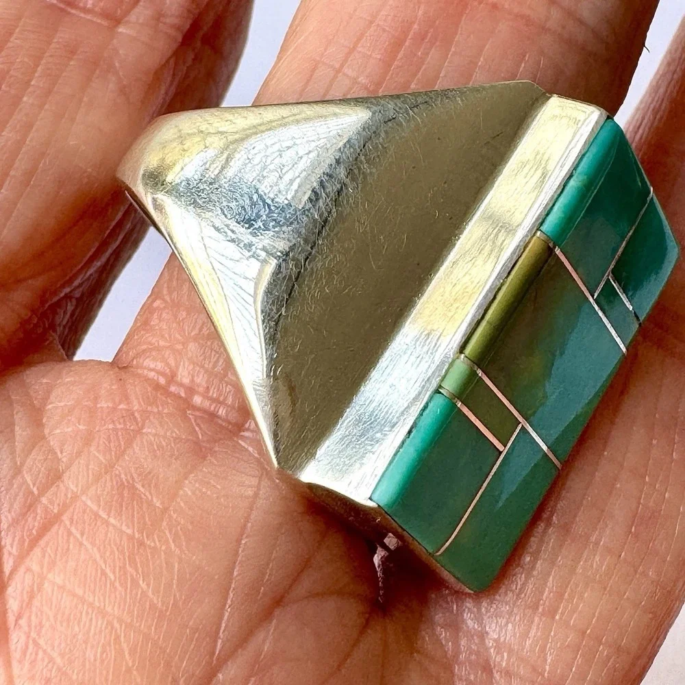 Navajo Turquoise Mens Ring Sz 13 Signed WG Sterling Inlay Rect‎ Native American